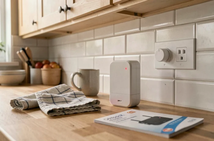 Adaptateur CPL avec voyant rouge posé sur un plan de travail de cuisine à côté d'une prise électrique