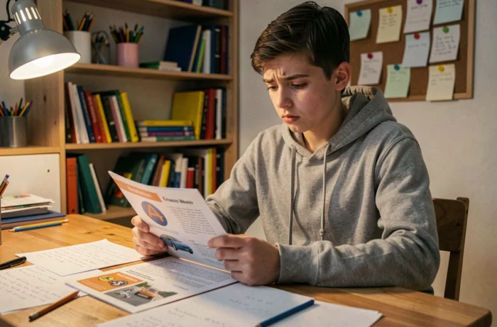 Adolescent révisant le code de la route pour l'ASSR à son bureau dans sa chambre