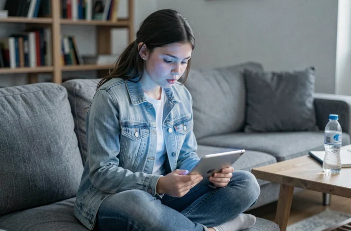 Adolescente s'entraînant à l'ASSR sur une tablette dans le salon familial