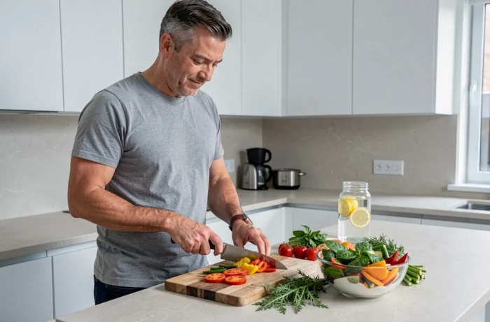 Homme préparant un bol de légumes frais dans une cuisine moderne, symbolisant une alimentation saine pour le bien-être durable