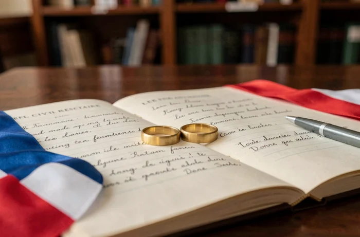 Alliances en or posées sur un registre civil français ouvert avec un ruban tricolore sur un bureau en chêne