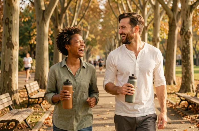 Deux amis marchant ensemble dans un parc urbain en automne avec des bouteilles d'eau réutilisables, illustrant une hygiène de vie active