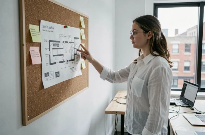 Jeune femme analysant un diagramme de plan de site imprimé sur un tableau en liège