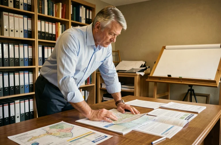 Architecte examinant des documents administratifs liés à la taxe d'archéologie préventive sur un bureau