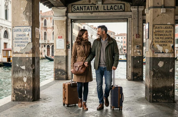 Couple arrivant à la gare de Venise Santa Lucia avec leurs valises, le Grand Canal visible en arrière-plan