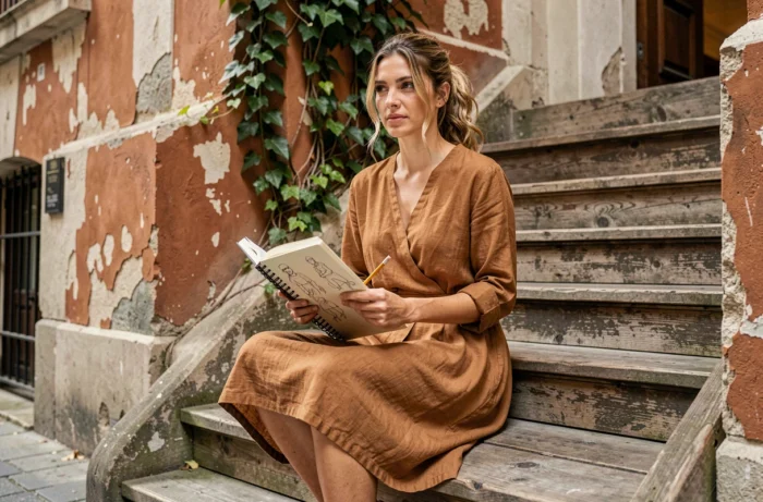 Artiste au parcours atypique assise sur un escalier parisien avec un carnet de croquis, portrait en extérieur naturel et authentique