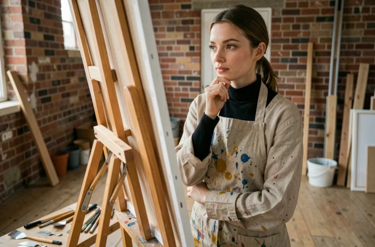 Portrait d'une artiste peintre dans son atelier, devant une grande toile inachevée, regard pensif et posture créative authentique