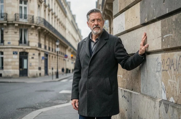 Artiste masculin dans la cinquantaine marchant dans une rue parisienne, illustration d'un parcours personnel et artistique après une période de maladie