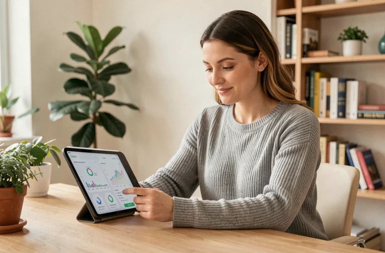 Femme utilisant un appareil connecté Prolencia Smart FR sur son bureau à domicile, avis utilisateur après plusieurs mois