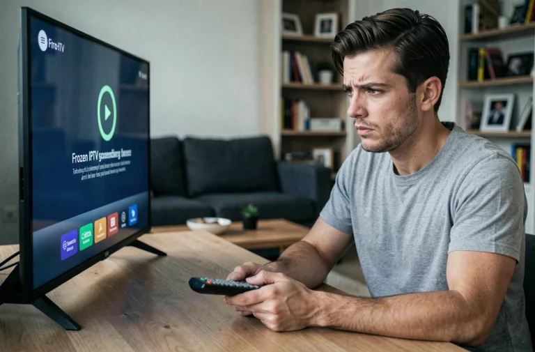 Homme assis dans un salon moderne regardant une TV avec une erreur de buffering sur IPTV Smarters Pro