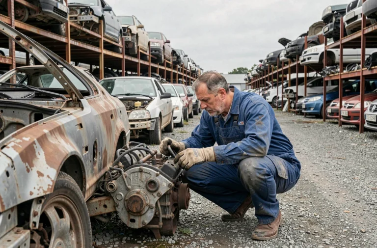 Mécanicien inspectant des pièces détachées dans une casse automobile à Nantes avec rangées de véhicules démontés en arrière-plan