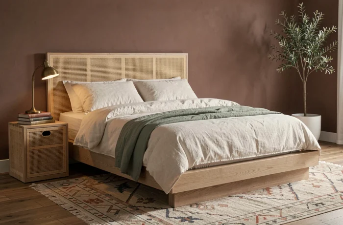 Chambre minimaliste avec tête de lit en rotin, literie en coton biologique et plante d'intérieur, décoration chambre apaisante et naturelle
