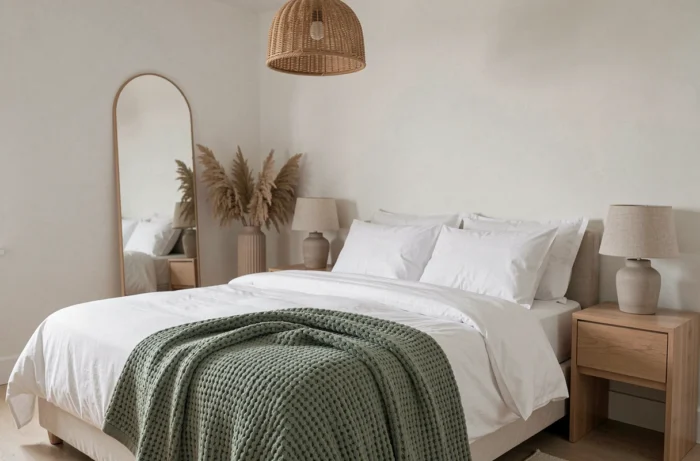 Chambre scandinave tendance avec literie en coton blanc, plaid en maille verte et décoration naturelle épurée