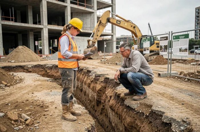 Chef de projet et archéologue sur un chantier de fouilles préventives en zone urbaine