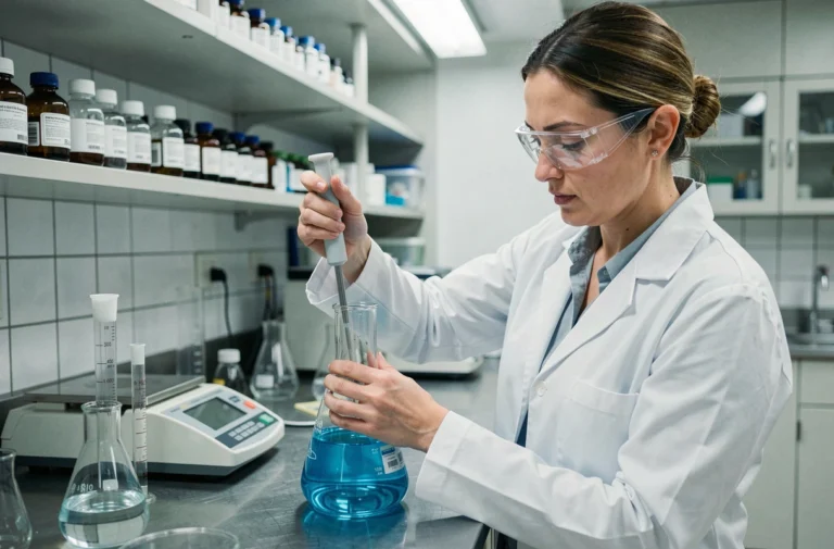 Chercheuse en laboratoire mesurant une solution dans une fiole jaugée pour calculer une concentration volumique
