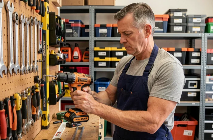 Homme en tablier de travail choisissant une perceuse sans fil parmi un large assortiment d'outils bien organisés dans un atelier de bricolage