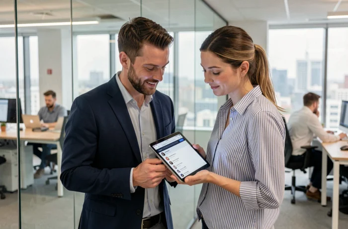 Deux collègues consultant ensemble un annuaire téléphonique inversé sur tablette dans un bureau moderne en France