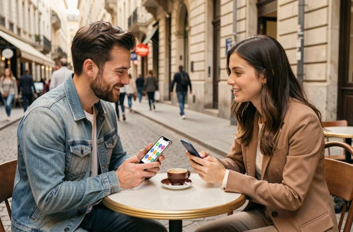 Deux collègues discutant des fonctionnalités de Google+ sur leurs smartphones en terrasse de café
