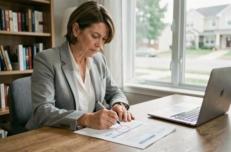 Femme comparant différentes offres d'assurance auto à son bureau à domicile