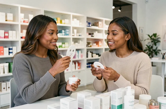 Deux femmes comparant des masques de soin et cosmétiques dans un studio beauté moderne et épuré