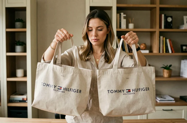 Femme comparant deux sacs Tommy Hilfiger original et contrefait côte à côte pour en identifier les différences