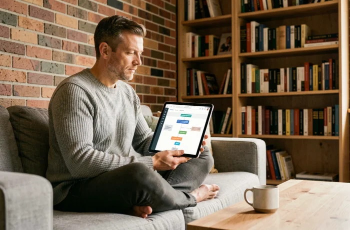 Homme consultant le plan de navigation d'un site web sur une tablette dans un salon