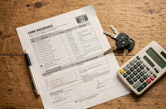 Documents de contrat d'assurance auto avec clés de voiture et stylo sur une table en bois