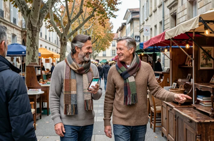 Couple cherchant des bonnes affaires sur une application de petites annonces dans un marché en Rhône-Alpes