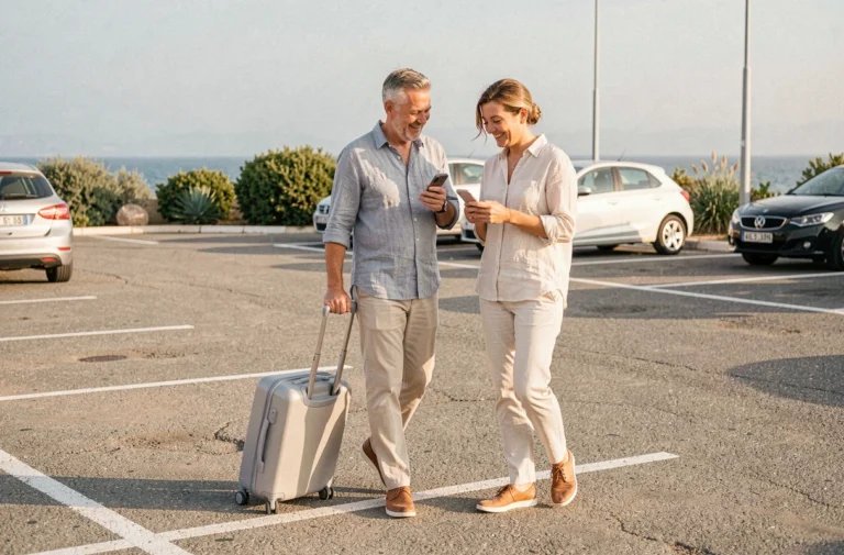 Couple avec valises dans un parking côtier avant d'embarquer pour Porquerolles
