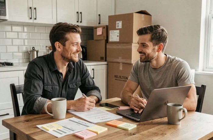 Couple planifiant leur déménagement avec une checklist et un ordinateur portable sur une table de cuisine