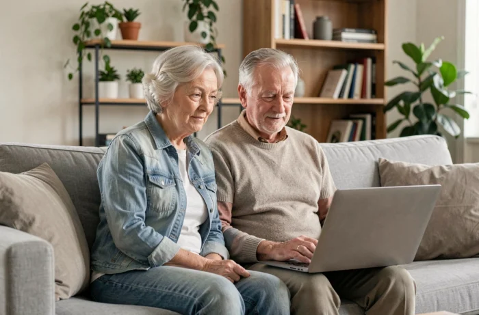 Couple de retraités comparant des offres de mutuelle santé sur un ordinateur portable
