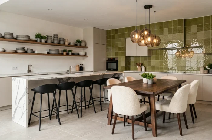 Cuisine et salle à manger ouvertes avec îlot en marbre, carrelage zellige et chaises en bouclé pour une déco moderne tendance