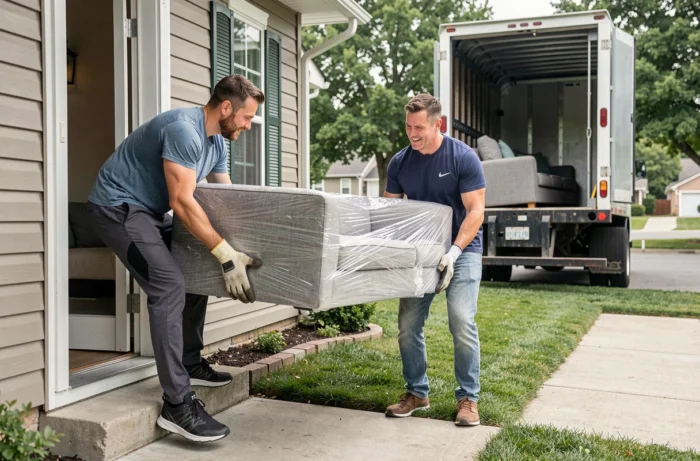 Deux déménageurs portant un canapé emballé vers un camion de déménagement devant une maison