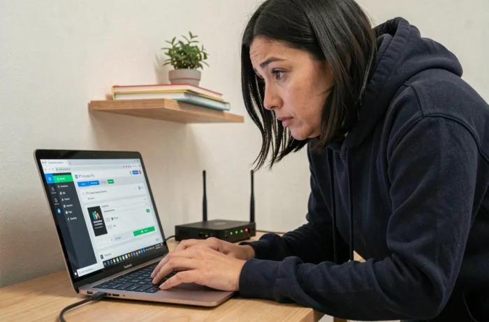Femme en home office résolvant un problème de configuration sur IPTV Smarters Pro via un laptop
