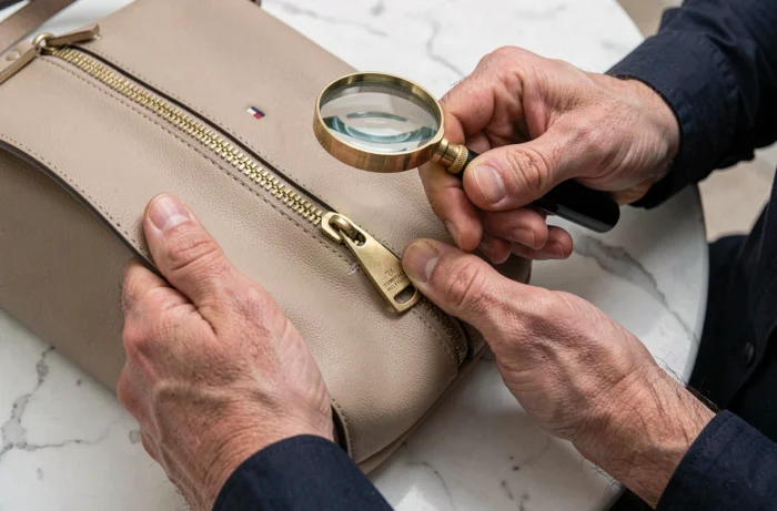 Inspection à la loupe de la quincaillerie et du logo d'un sac Tommy Hilfiger pour détecter une contrefaçon