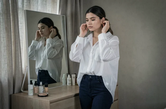 Influenceuse devant un miroir de coiffeuse dans une chambre minimaliste, ajustant ses bijoux dans une atmosphère intime et authentique