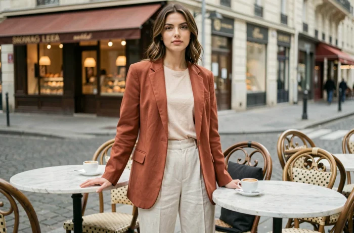 Jeune femme influenceuse en tailleur lin ivoire et blazer terracotta sur une terrasse de café parisien, regard direct et posture assurée
