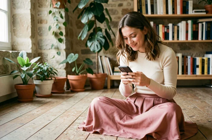Influenceuse féminine assise dans un appartement parisien, tenant son téléphone avec un sourire naturel, entourée de plantes et de murs en pierre apparente