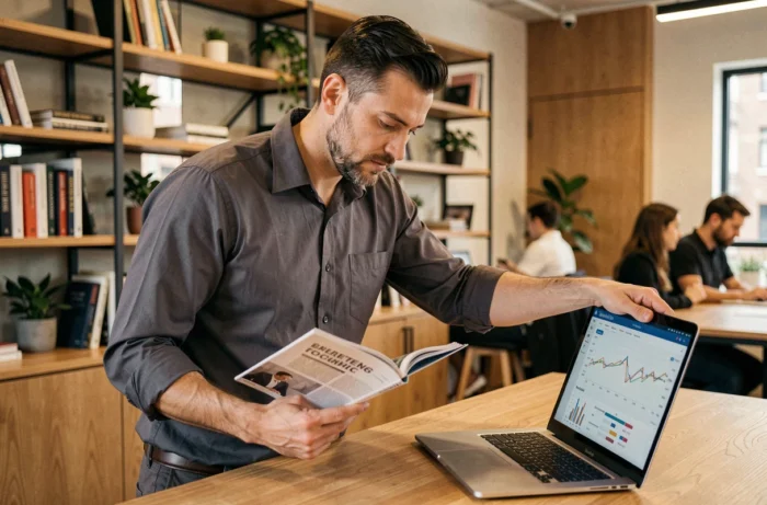 Entrepreneur consultant le magazine SLR dans un espace de coworking pour anticiper les tendances économiques et saisir de nouvelles opportunités