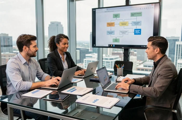 Équipe pluridisciplinaire en réunion de travail autour d'outils numériques dans une salle de conférence moderne