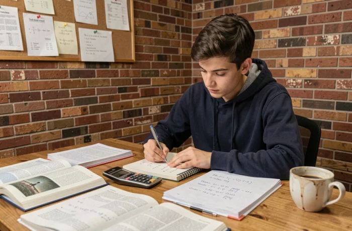 Étudiant en chimie effectuant des calculs de concentration massique et volumique dans un cahier de travaux pratiques