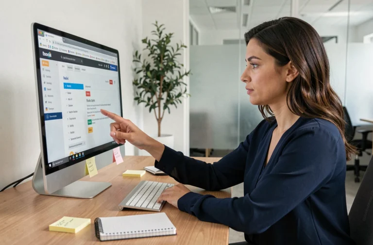 Femme explorant le plan d'un site web sur un grand écran dans un bureau moderne