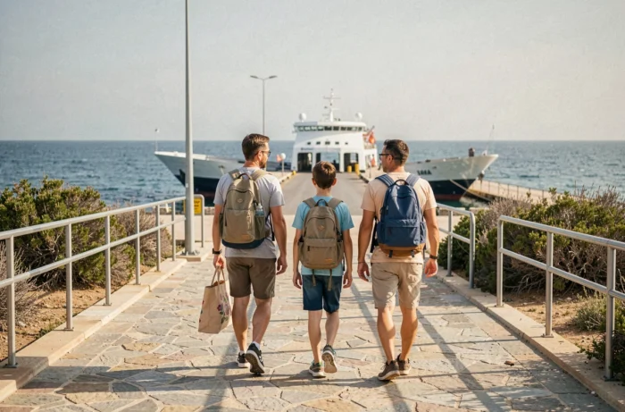 Famille marchant vers le ferry pour Porquerolles depuis le parking d'embarquement