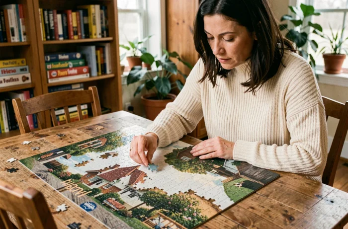 Femme passionnée de puzzle assemblant un puzzle de 1000 pièces sur une table en bois dans un salon chaleureux