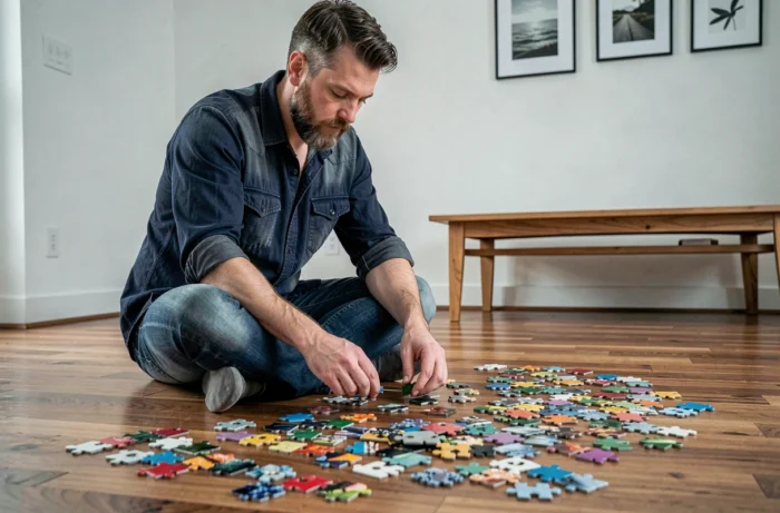 Homme passionné de puzzle triant des pièces de puzzle sur le parquet d'un appartement minimaliste