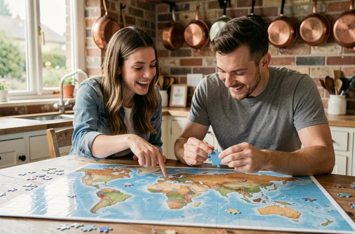 Deux amis passionnés de puzzle collaborant sur un puzzle panoramique carte du monde dans une cuisine rustique