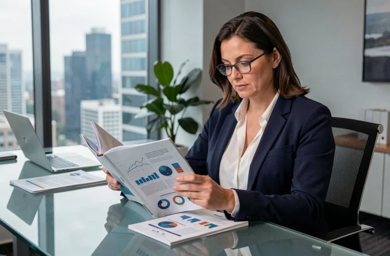 Femme d'affaires analysant les tendances du magazine SLR dans un bureau moderne pour anticiper les opportunités stratégiques