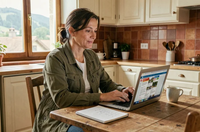 Femme consultant des annonces locales en ligne depuis sa cuisine en Rhône-Alpes