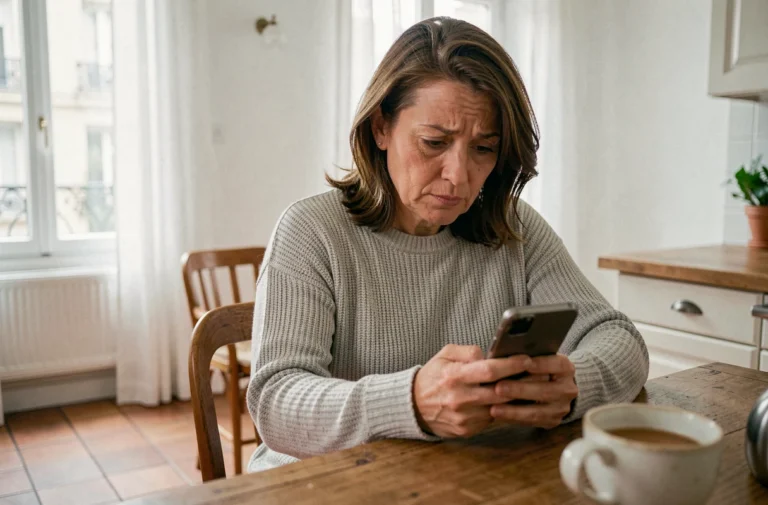 Femme utilisant un annuaire inversé sur smartphone dans une cuisine parisienne pour retrouver un numéro inconnu