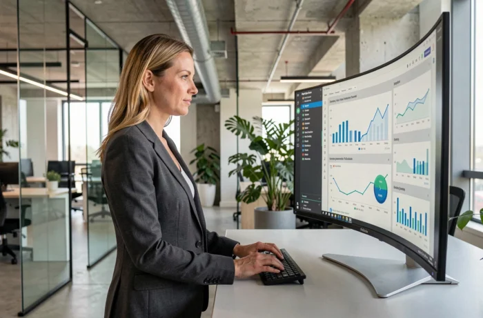 Femme cadre en entreprise travaillant sur des tableaux de bord numériques dans un open space moderne